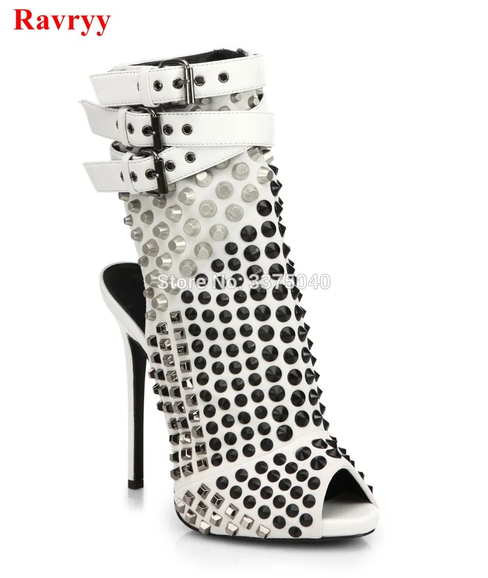 Women black leather open toe ankle boots summer spike heel fashion buckle straps high zippers shoes woman | Обувь