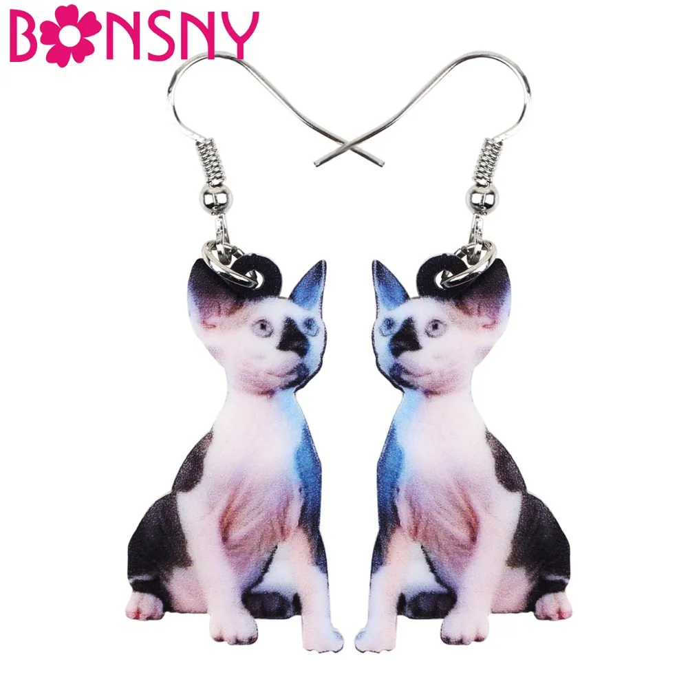 

Bonsny Acrylic Novelty Canadian Hairless Sphynx Cats Earrings Long Dangle Drop Anime Jewelry For Women Girls Ladies Novelty Pets