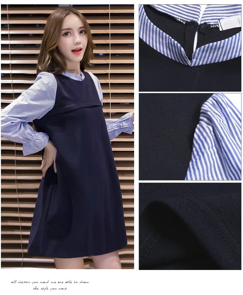 Поддельное платье из 2 предметов с длинным рукавом для будущих мам vestidos платья для кормящих грудью одежда для кормления удобное платье для беременных женщин голубого цвета