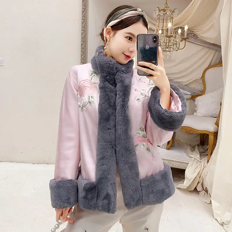 Удобные женские улучшенные Hanfu Clthing зимние теплые толстые хлопковые мягкие спортивные костюмы для открытого воздуха вышивка цветок куртка повседневное пальто - Цвет: Розовый