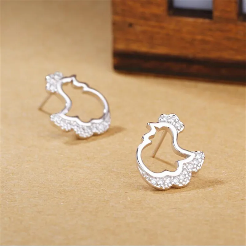 

National Style Cute Animal Fashion Jewelry 925 Sterling Silver Personality Hollow Versatile Chicken Crystal Stud Earrings E292