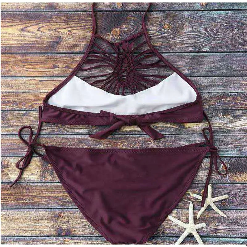 FS Wine Red Retro Hollow Out Female Bikinis Set High Neck Halter Swimsuit 2017 Low Waist Swimwear Brazilian Summer Bathing Suit |