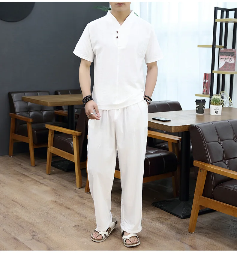 

Men linen Tops&Tees sets plus size M-9XL V neck Embroidery T Shirt Male Tshirts T-shirt fashion loose two-piece suits 5 colors