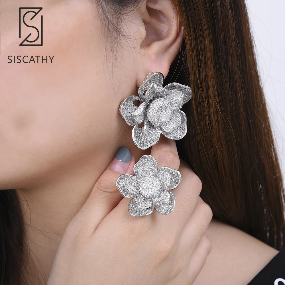 

Siscathy 2019 Luxury Cubic Zirconia Stud Earrings Wedding Ring Jewelry Set Flower Shape Jewelry acero inoxidable joyeria mujer
