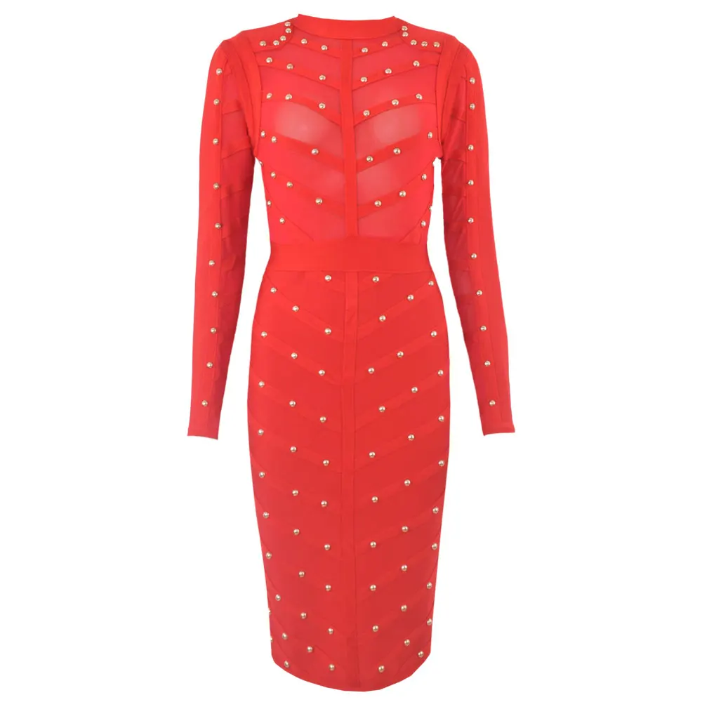 red 2020 new fashion sexy lady nail beaded mesh long sleeve knee length autumn winter bodycon party bandage dress | Женская одежда