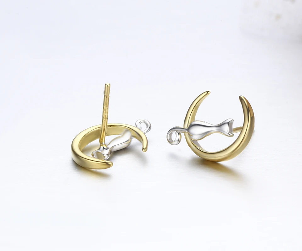 Серьги-пусеты с желтой Луной и кошечкой из стерлингового серебра 925 пробы женские