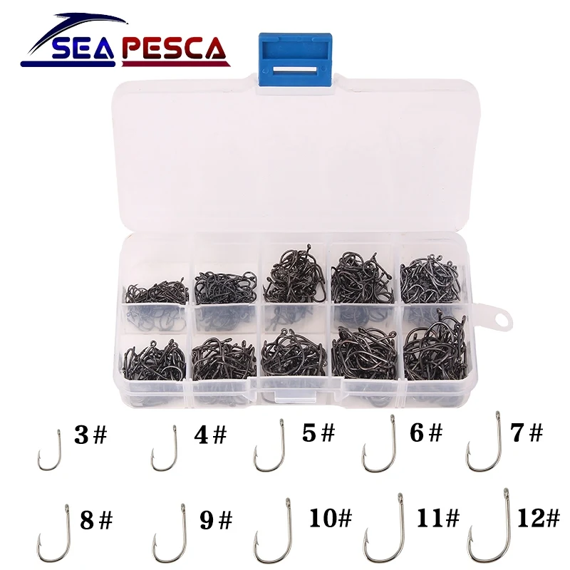 SEAPESCA 500 шт./лот Высокоуглеродистая сталь рыболовные крючки джиг крючок#3-#12 Размер рыболовные крючки с Fly рыболовные снасти Коробка JK413