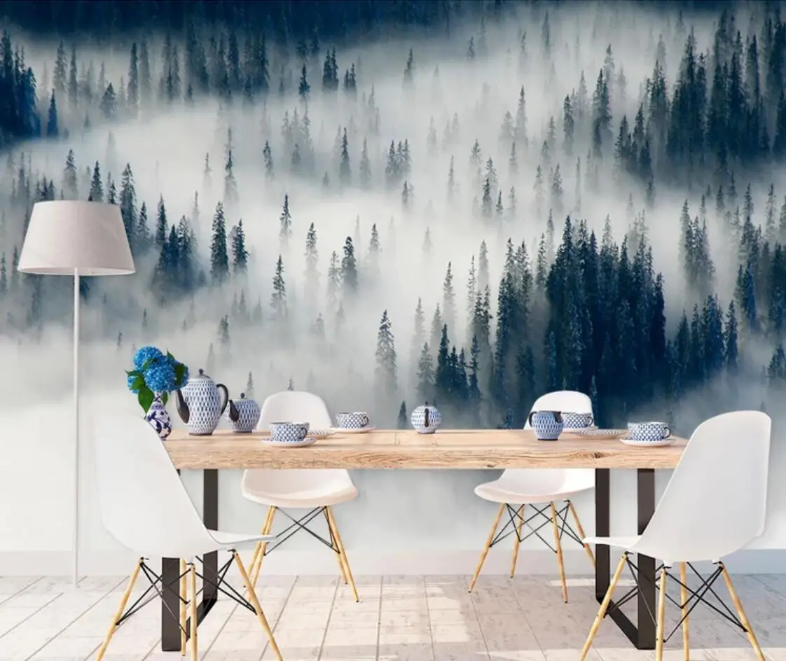 Misty Forest Wall Mural Large Photo Wallpaper for Living Room Hand Painting Foggy Forest Wallpapers Roll Wall Paper 3d Custom