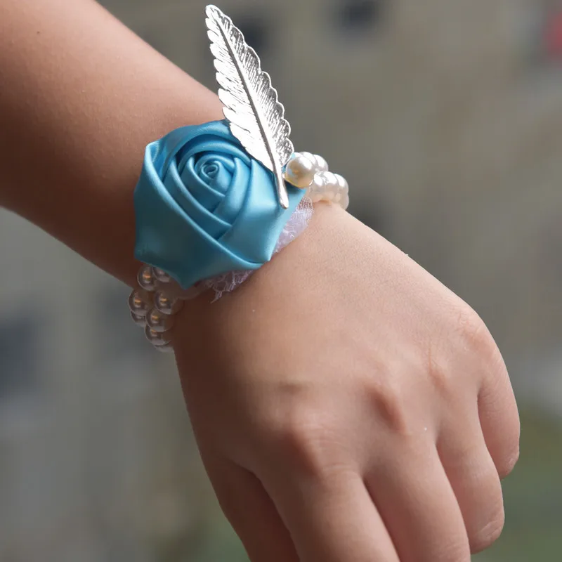 Sky Blue JaneVini наручные часы с цветочным рисунком розового атласа; Свадебная обувь, украшенная жемчугом, ручно декоративный браслет Особенности подружки невесты обручальное кольцо букетик на запястье - Цвет: Sky Blue