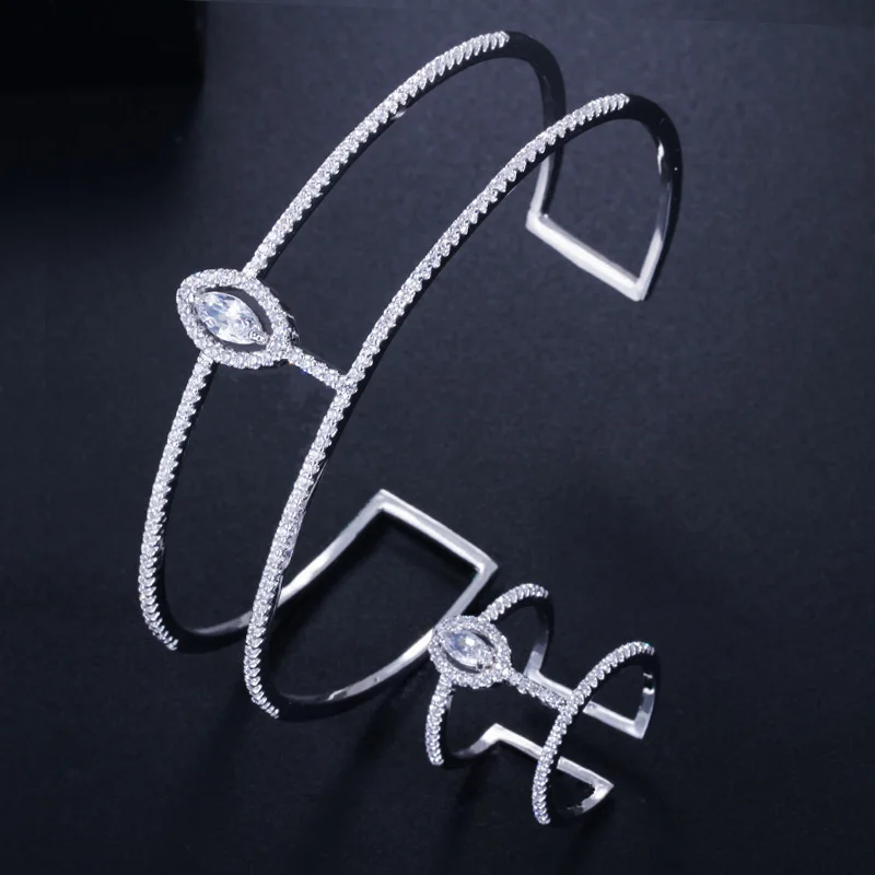 White Set CWWZircons сверкающими с кубическим цирконием большой круглый Браслет-манжета браслет и кольцо Набор для Для женщин Модные украшения аксессуары T095 - Окраска металла: White Set