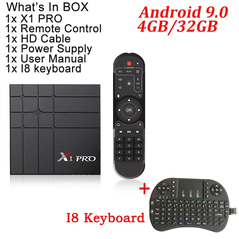 4G 32G with i8 X1 PRO Android 9,0 ТВ приставка 4GGB ram 32 ГБ/64 Гб rom RK3318 Четырехъядерный 4K HD медиаплеер 2,4G& 5G wifi Google Pay ОТТ ТВ приставка - Цвет: 4G 32G with i8
