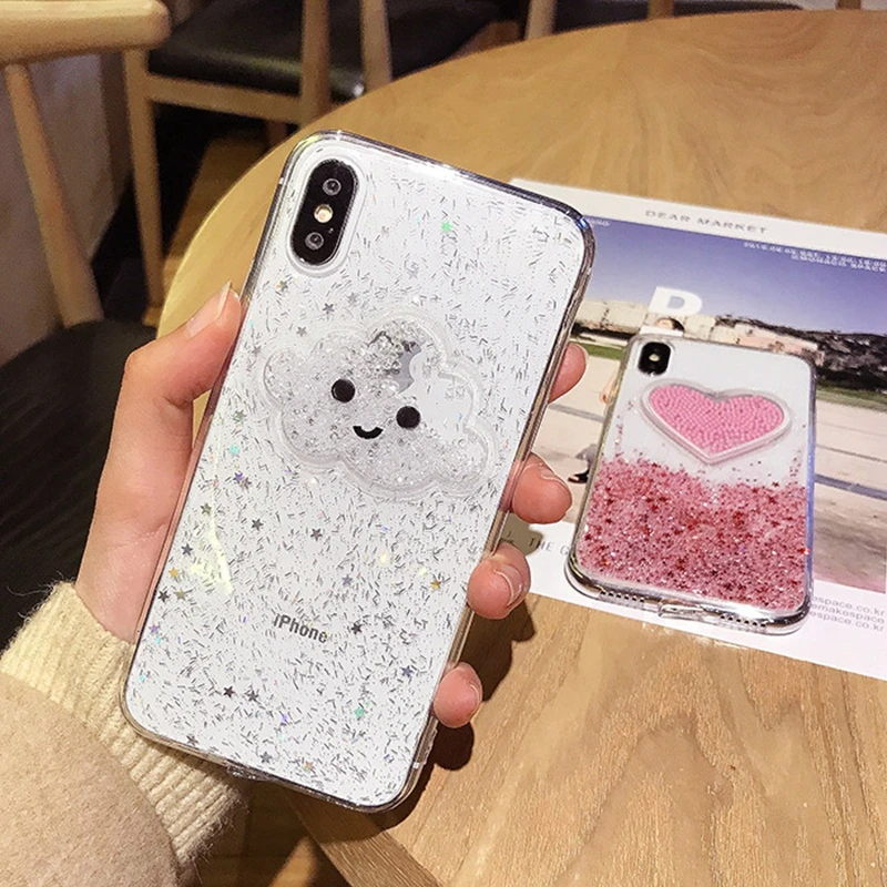 Чехол для телефона Tfshining с жидким сердцем и блестками iPhone 7 8 Plus 6 6S X XR XS Max Smile Face Clouds