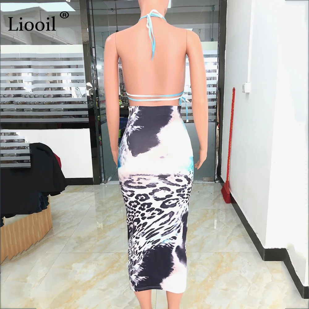 Liooil Tie Dye Женский комплект 2 шт. Холтер облегающее Макси платье с открытой спиной Платья размера плюс длинные сексуальные платья вечерние платья для ночного клуба
