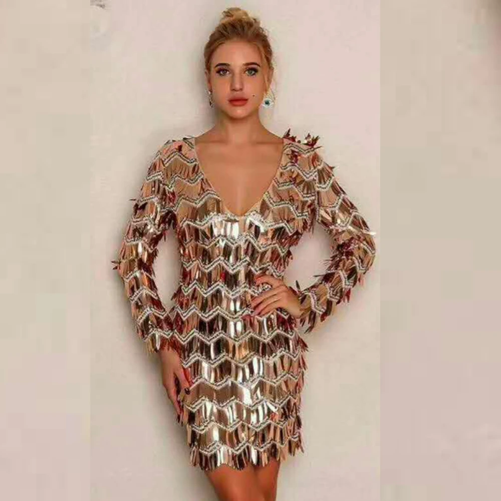 Женское Клубное платье с блестками элегантное коричневое длинным рукавом и v