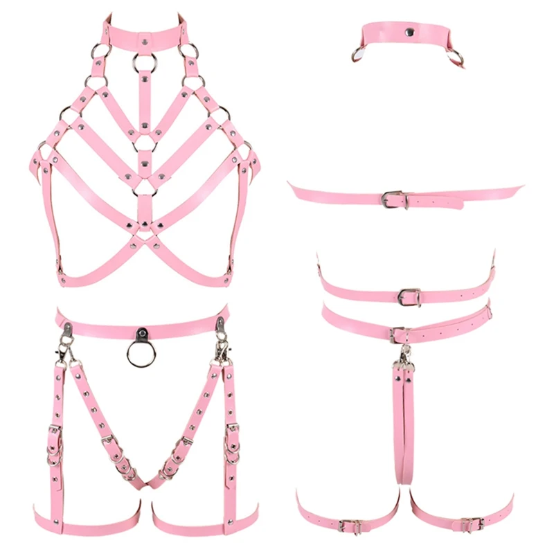 

Pink Leather Body Harness Bra for Women Punk Goth Full Cage Strap Adjust Plus Size Festival Rave Sets Costume