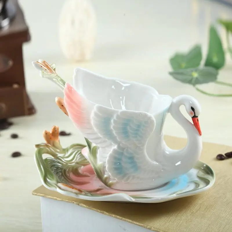 3D Creative Mug 160ml Chinese Swan Coffee Cups Milk Colored Enamel Porcelain Animal with Saucers and Spoons Lovely Gift | Дом и сад