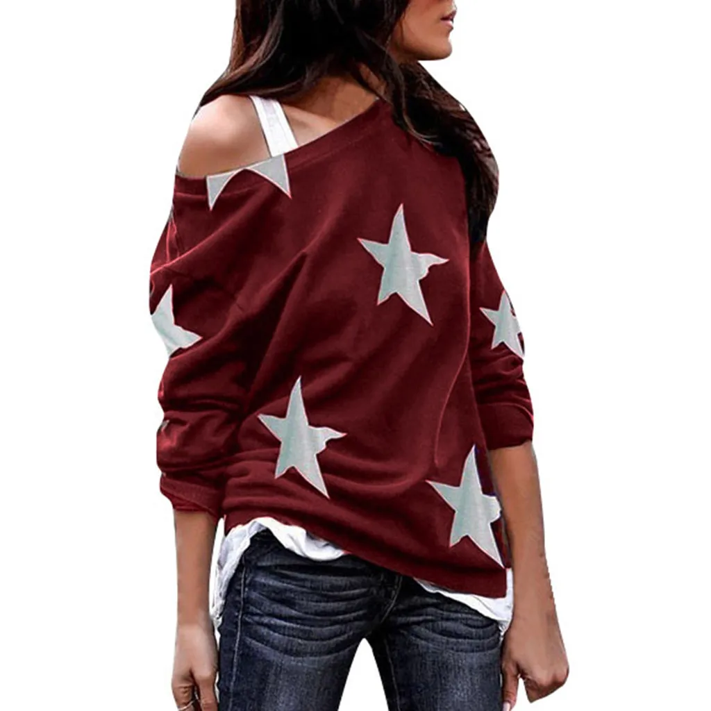 Wine One Shoulder T-Shirt Women Shirt Fashion Star Print Long Sleeve Loose Casual Tee Shirt Spring Lady Shirts Tee Top Plus Size - Цвет: Wine