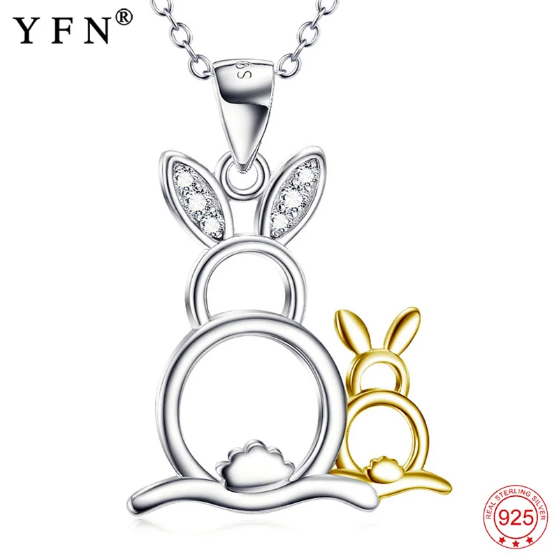 

YFN Real 925 Sterling Silver Necklace Mother Baby Rabbit Animal Pendants Necklace Female Necklace Choker Jewelry Gift For Mother