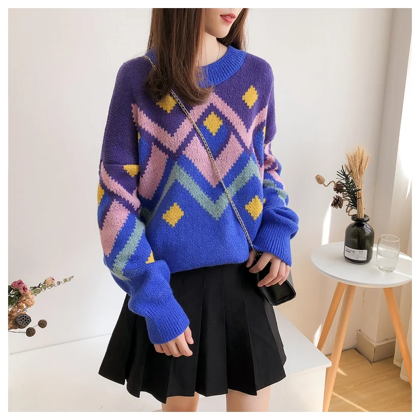 H. SA 2018 женский зимний свитер и пуловеры винтажный Geomertric Pull Jumpers Argyle милый