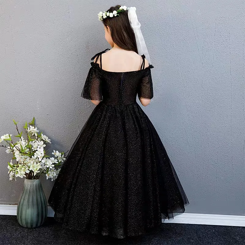 

Children Girls Black Color Fashion Evening Holiday Party Ball Prom Formal Long Dress Clothes Kids Host Piano Costume Model Dress