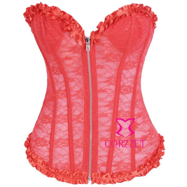 

Cheap Shapewear Women Corpete Corselet Zipper Front Strapless Overbust Sexy Red Lace Corset Top Fashion Push Up Bustier Tops