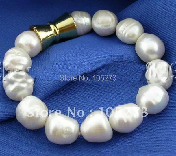 

8'inchs AA 9-14MM White Color Baroque Shaper Freshwater Pearl Bracelet Yellow Color Magnet Clasp Wholesale Free Shipping FN1953