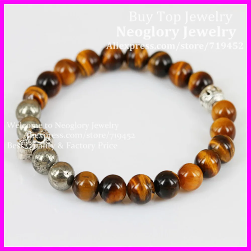 Оптовая продажа 12 шт. мужской браслет с черепом и бусинами Круглый пиритовый из