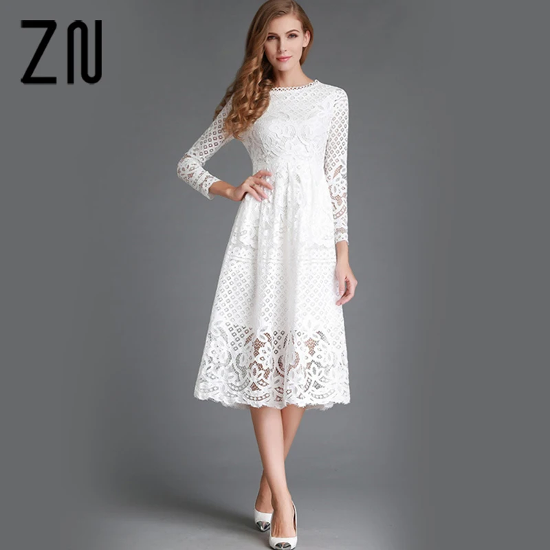 Весенние женские кружева выдалбливают Длинные платья Femme повседневная одежда