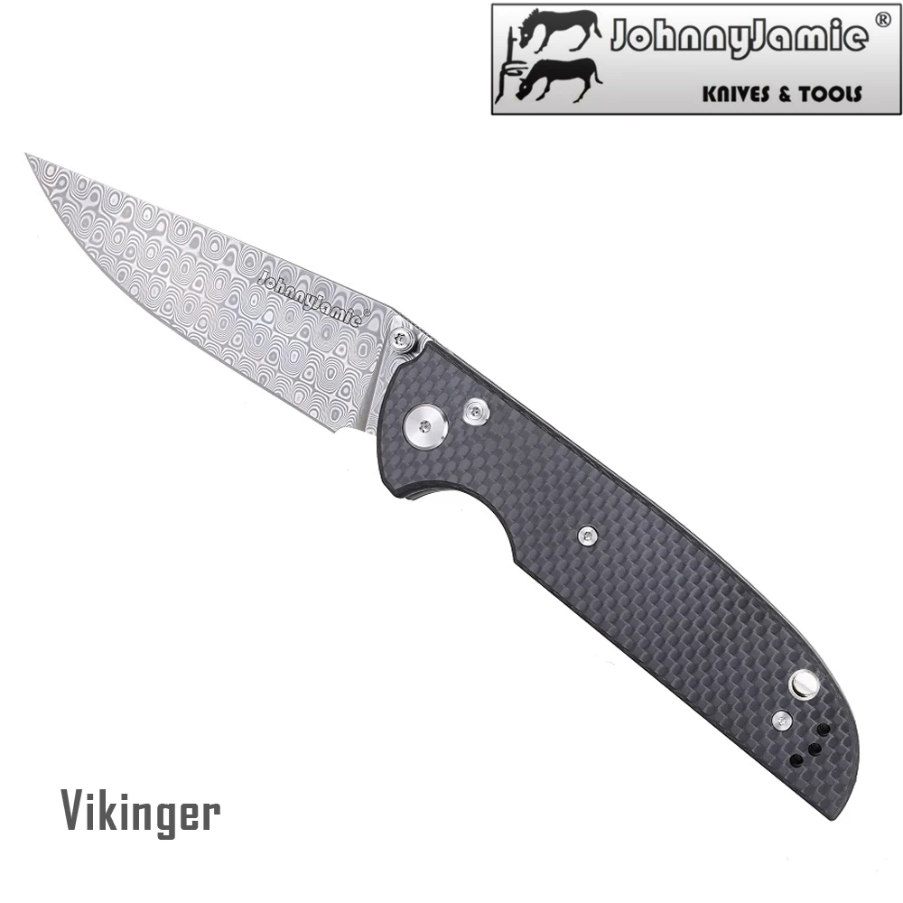 JohnnyJamie бренд Vikinger C811CFDS Ножи складной Дамаск Лезвие из углеродного волокна ручка