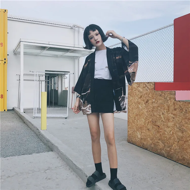 Новинка 2018 Лето Уличная Harajuku кимоно Женская куртка кардиган Поворотный Открытый