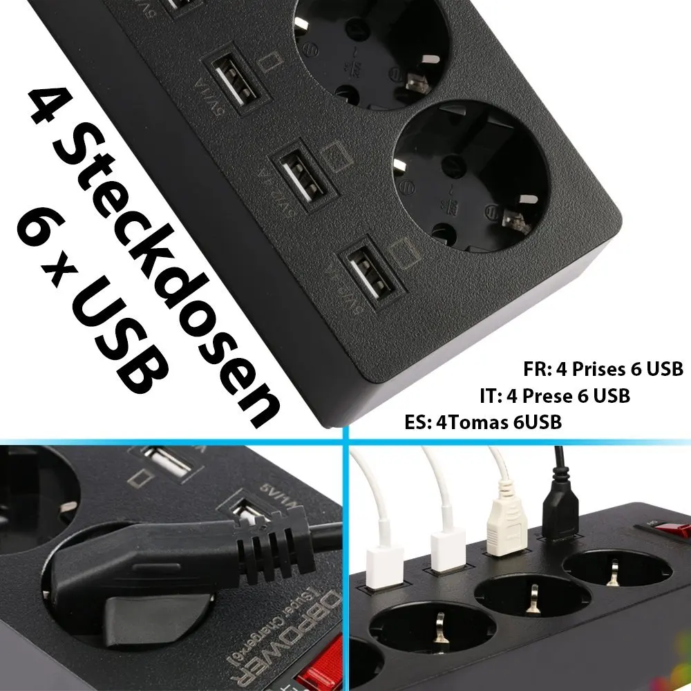 DBPOWER 6-USB и 4-выход ПЕРЕМЕННОГО ТОКА Удлинитель Адаптер 1.8 М Кабель USB Разъем с