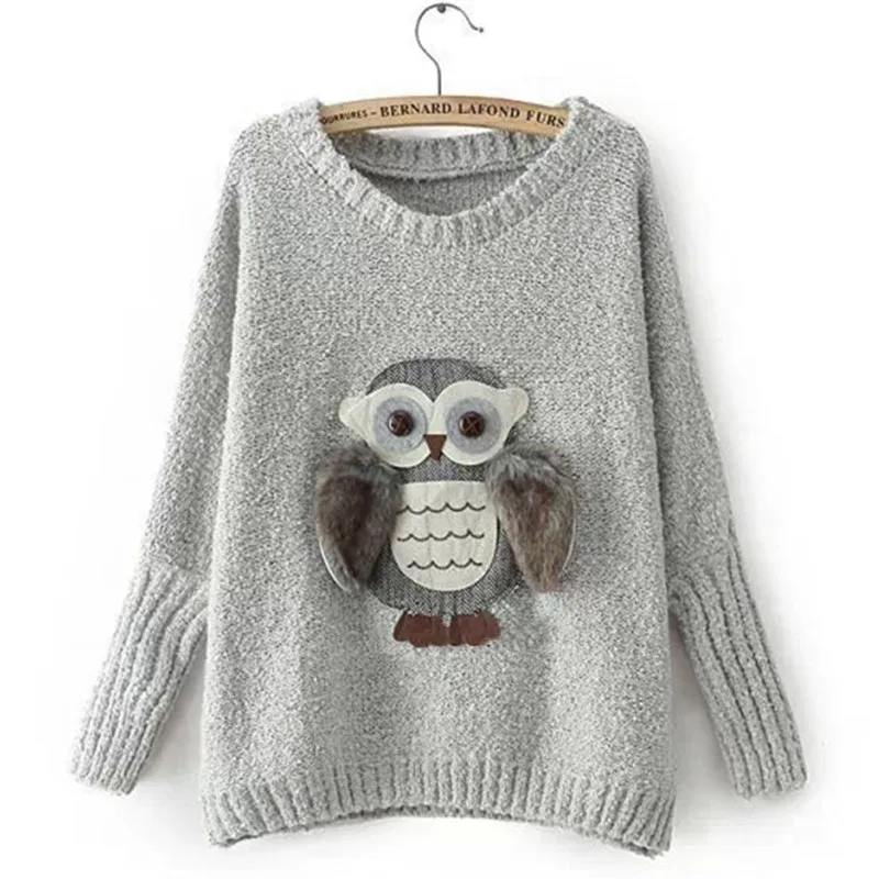 Женский дизайнерский свитер с нашивкой в виде совы вязаный пуловер круглым
