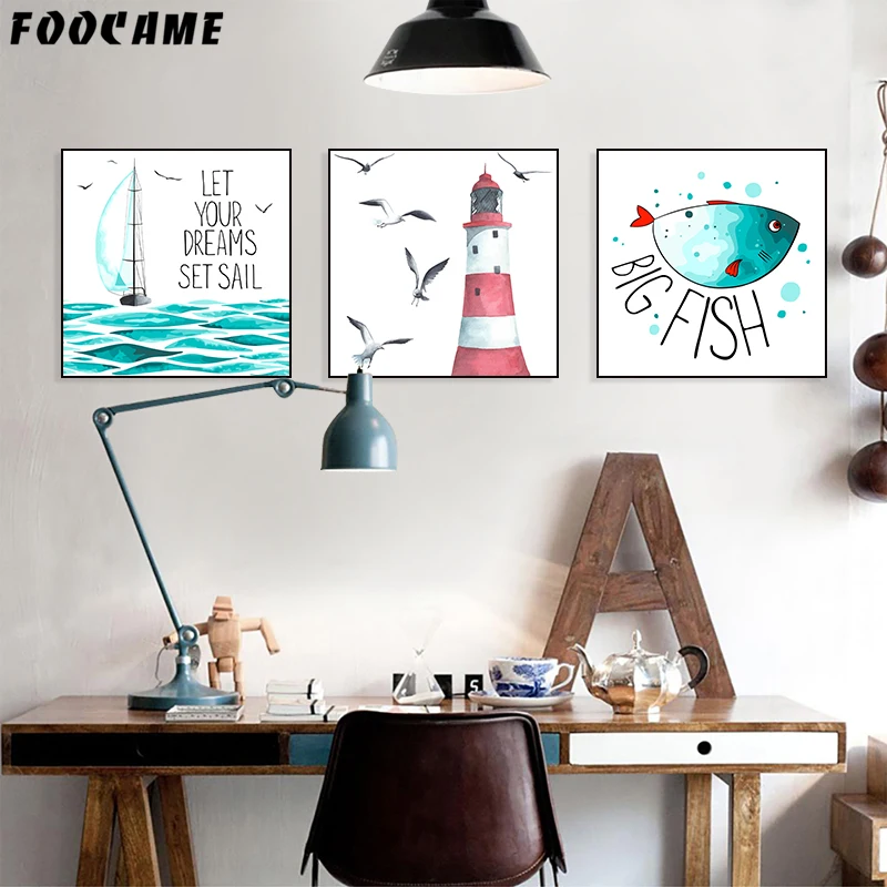 FOOCAME Sea Marine life Fish Sailboat lighthouse Canvas Painting Nordic Poster Wall Art Print Decoration Pictures Living Room | Дом и сад