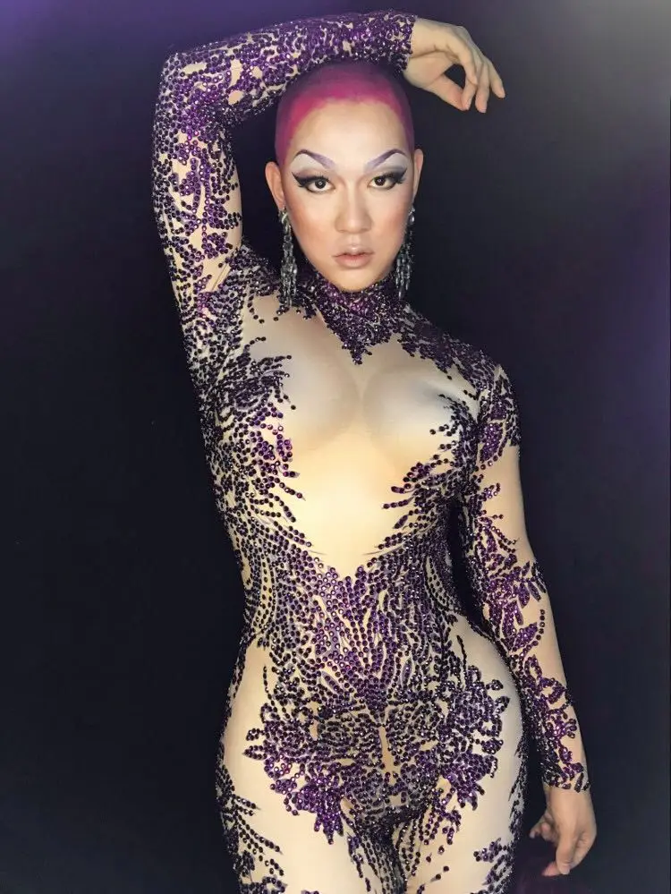 Сексуальные блестящие фиолетовые бриллиантовые трико с длинными рукавами для