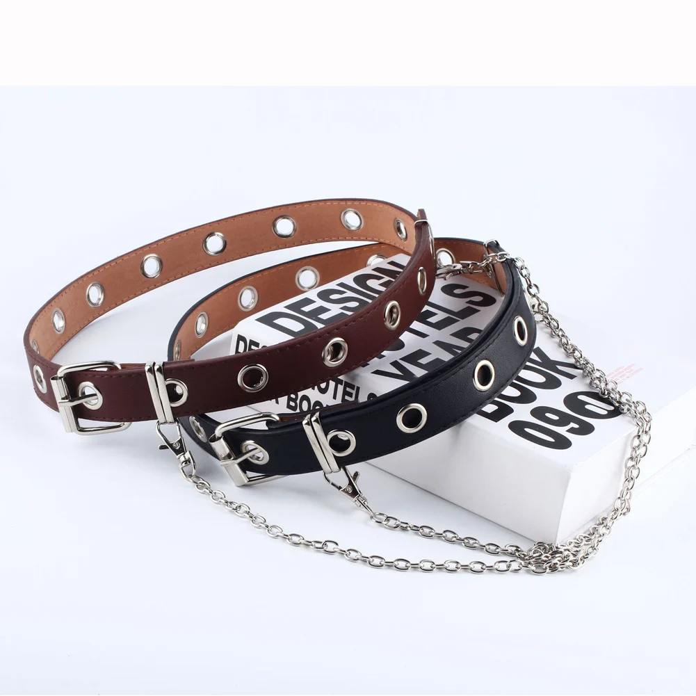 Модный ремень в стиле панк с цепочкой регулируемый кожаный двойным люверсом и