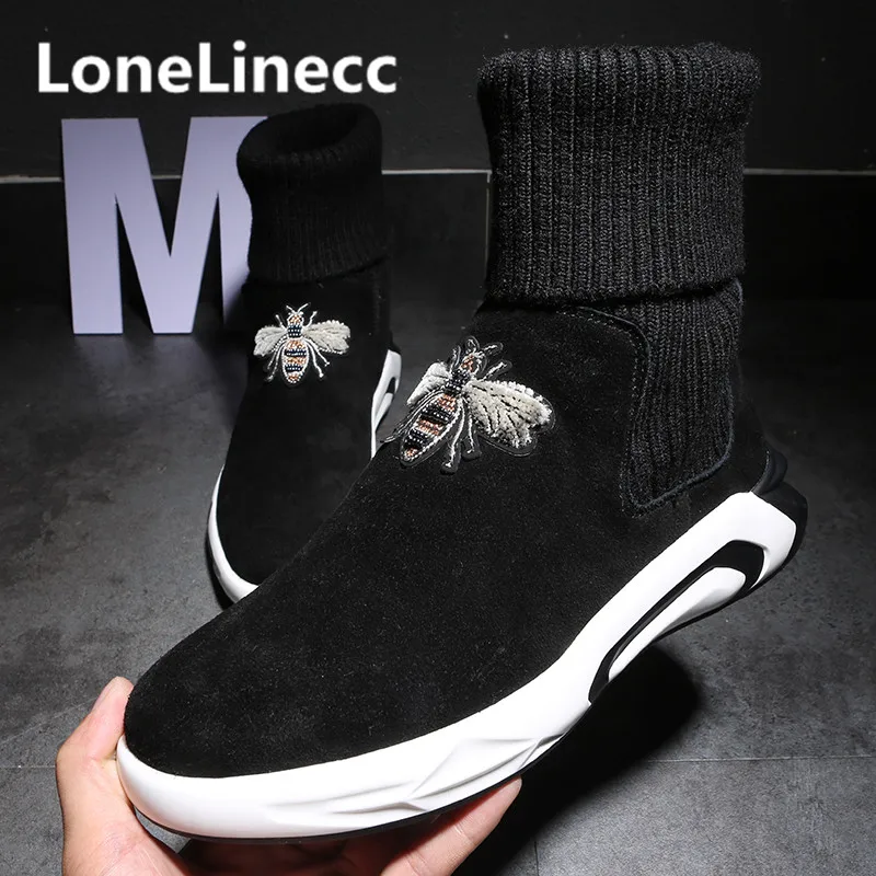 

Winter Platform Shoes 2018 Elastic Cords Ankle Boots Male High Top Flat Warm Snow Booties Italian Mocasines