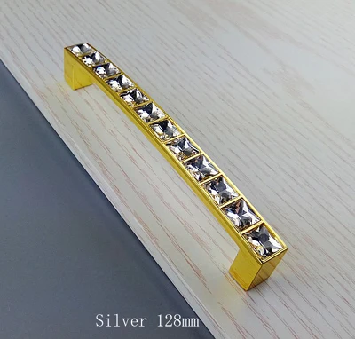 Silver 128mm Супер Блестящий Кристалл Стекло Алмазная золотая ручка мебель раздвижные двери ручки ящика Шкаф Кухонные шкафы шкаф ручка - Цвет: Silver 128mm