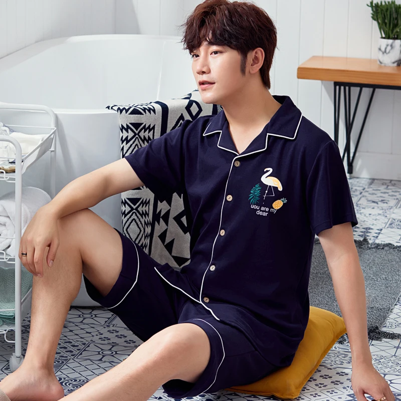 

Summer 100%Cotton Couple Pajamas Set Short Sleeve Turn-down Collar Cardigan Loose Casual Soft Plus Size M-3XL Lovers Sleepwear