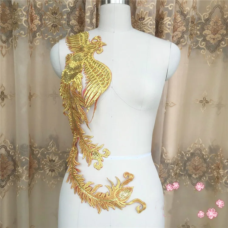 Красный органзы золотой нитью Феникс Перо хвоста вышивка ткань с кружевной