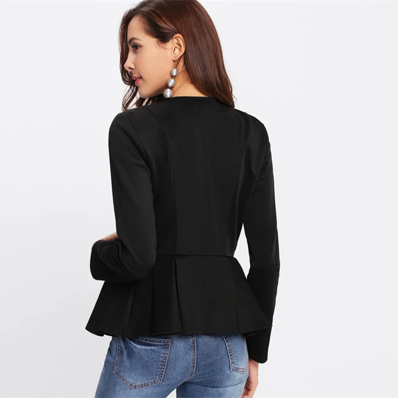 Sheinside, плиссированная баска на молнии, Черная куртка с круглым вырезом и рюшами, многослойная элегантная верхняя одежда, женская тонкая куртка