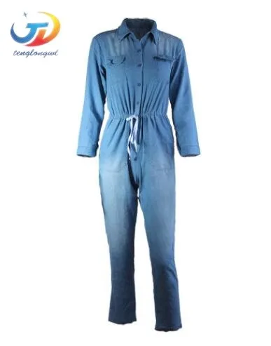 Tenglongwl Blue Jeans Jumpsuits For Women Fashion Long Sleeve Female Denim Slim Ladies Plus Size | Женская одежда