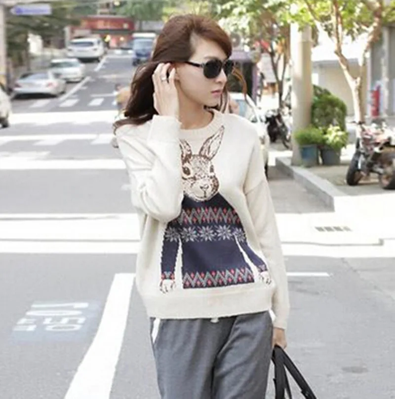 

Attractive Nice Spring Winter Free Size Women Animal Rabbit Printed Knitted Wool Casual Loose Pullover Warm Sweater A228
