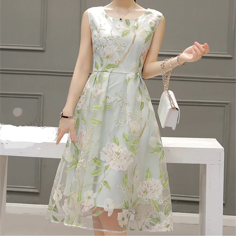 Новинка 2017 г. Платье без рукавов с рисунком органза маленький чистый и свежий