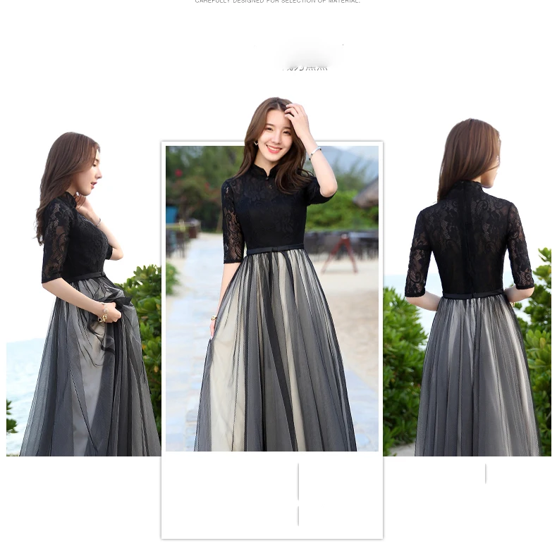 Черный Длинные Кружева Вечерние Платья A-Line Молния Пром Ручной Работы 2017 Сшитое