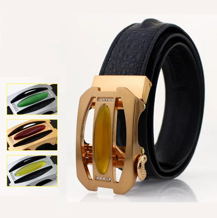 

New Luxury Jade Stone Rhinestone Men's jade belt with gold inlaid jade crocodile embossed head layer belt with jade buckle belts