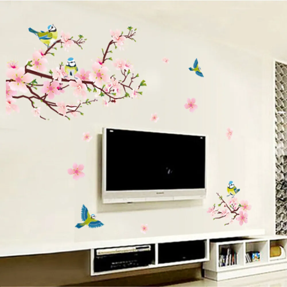 Peach Blossom Birds 3D наклейки на стену весенний цветок художественные наклейки домашний Декор для гостиной украшение дома pegatina de pared