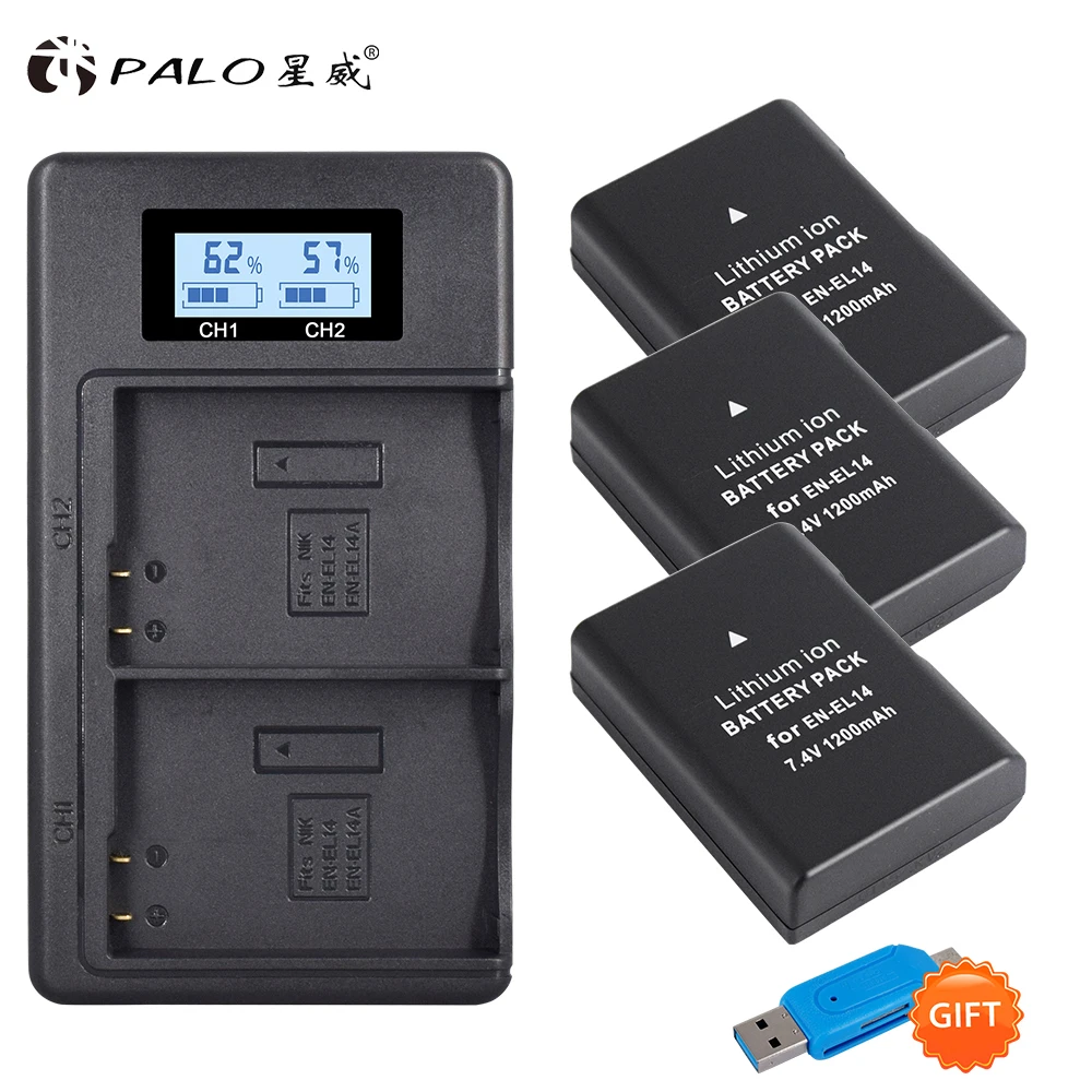 

Palo 3 pcs EN-EL14 EN-EL14,EN-EL14a, ENEL14, EL14 Camera Battery + LCD Display Charger USB Dual charger for Nikon D3100 D3200