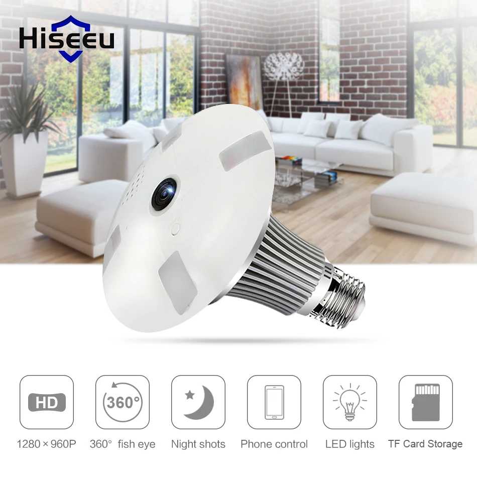 Hiseeu 360 градусов Беспроводной IP Камера лампочки Fisheye Умный дом CCTV 3D VR 1.3mp домашней