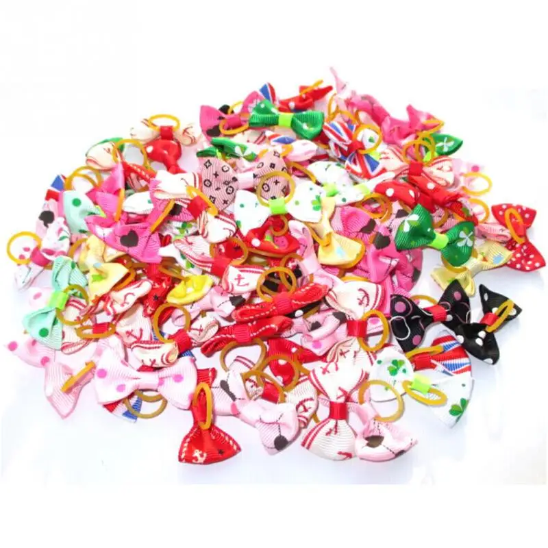 10PCS Bowknot Cute Dog Rubber Band Handmade Pet Grooming Accessories Mixed Ribbon Hair Bow Color random | Дом и сад