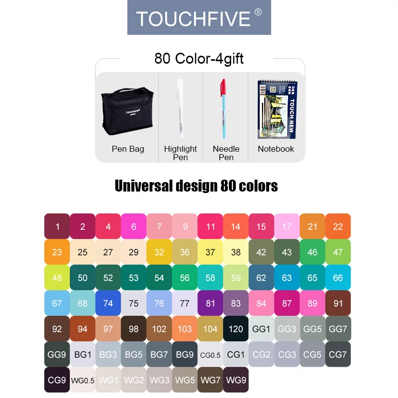 80-colors-Universal TouchFIVE маркеры 40/60/80/168 и 30 штук на выбор, набор профессиональных маркеров на спиртовой основе с двойным наконечником для рисования, эскизов, дизайна, манги и аниме - Цвет: 80-colors-Universal